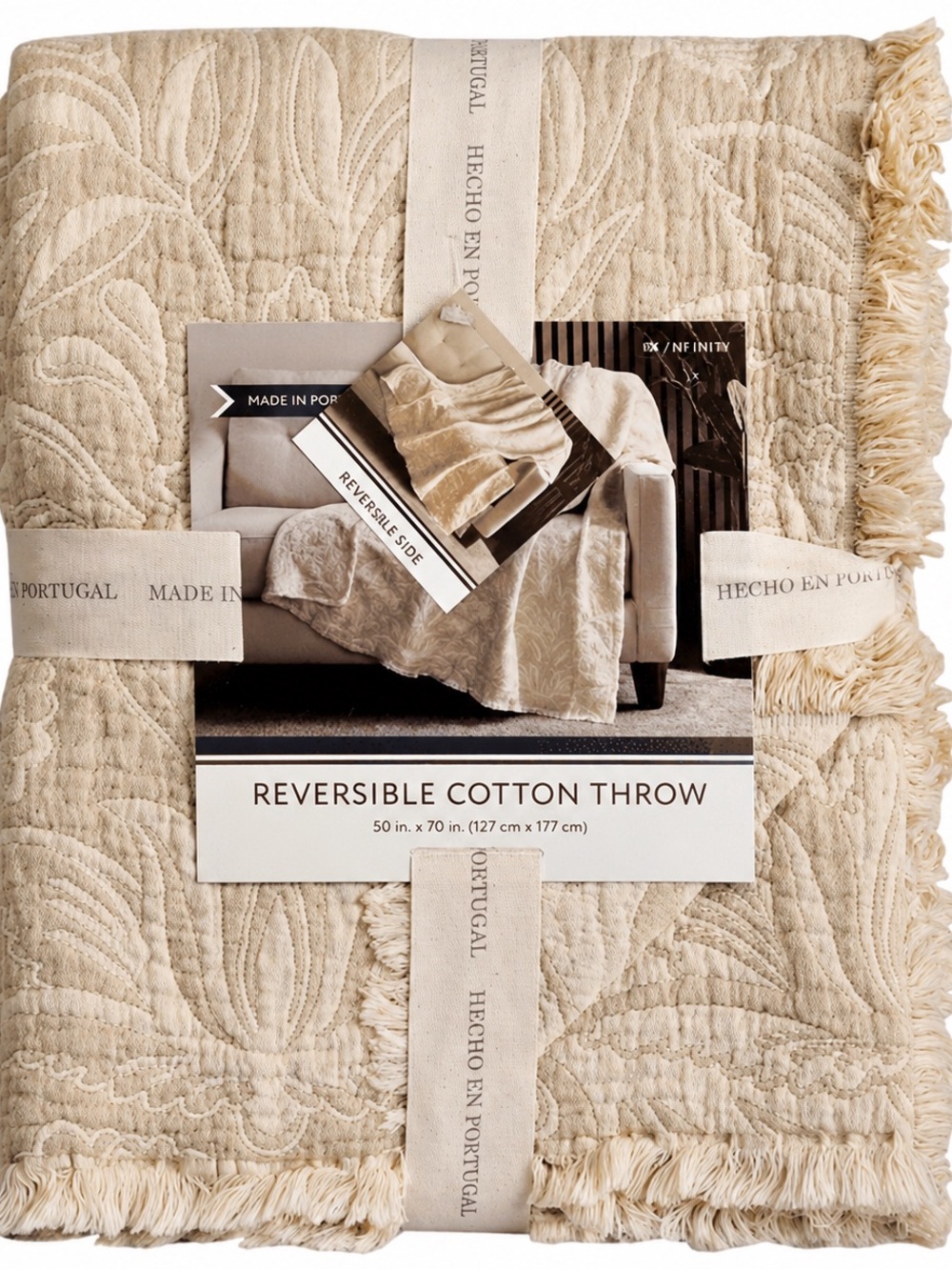 Nemcor Reversible 100% Cotton Beige Throw Blanket 50x70 Made in Portugal